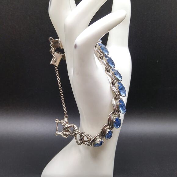 Light Vintage Blue Rhinestone Bracelet, Silver Tone Heavy Chain, 1950s - Picture 7 of 10
